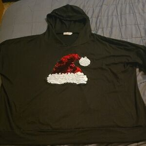 Free Kisses Black Hoodie with Red and White Sequin Santa Hat